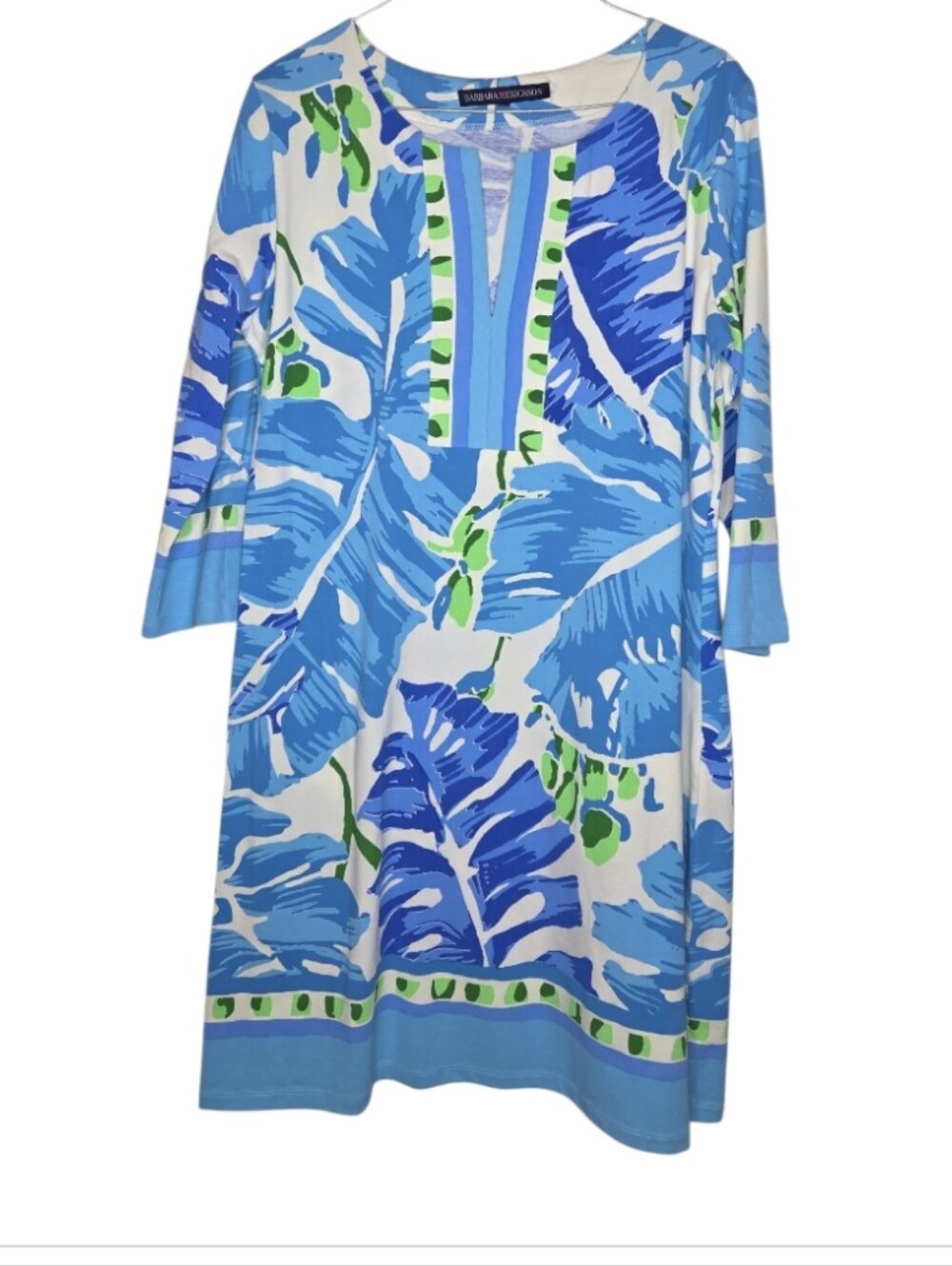 Barbara Erickson Shades Of Blue Tropical V Neck Cotton Jersey Shift Dress Size L